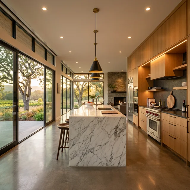 Modern luxury kitchen with custom LED lighting and marble island